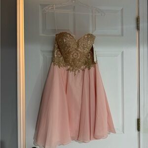 Pink and Gold Strapless Prom Dress
